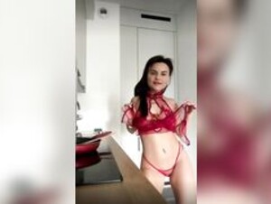 Kitty Lina in Red Lingerie making breakfast for Daddy