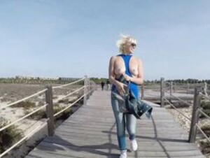 Blond girl flashes tits on the street