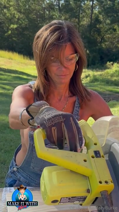 Braless Themaryburke Uses A Wood Cutter