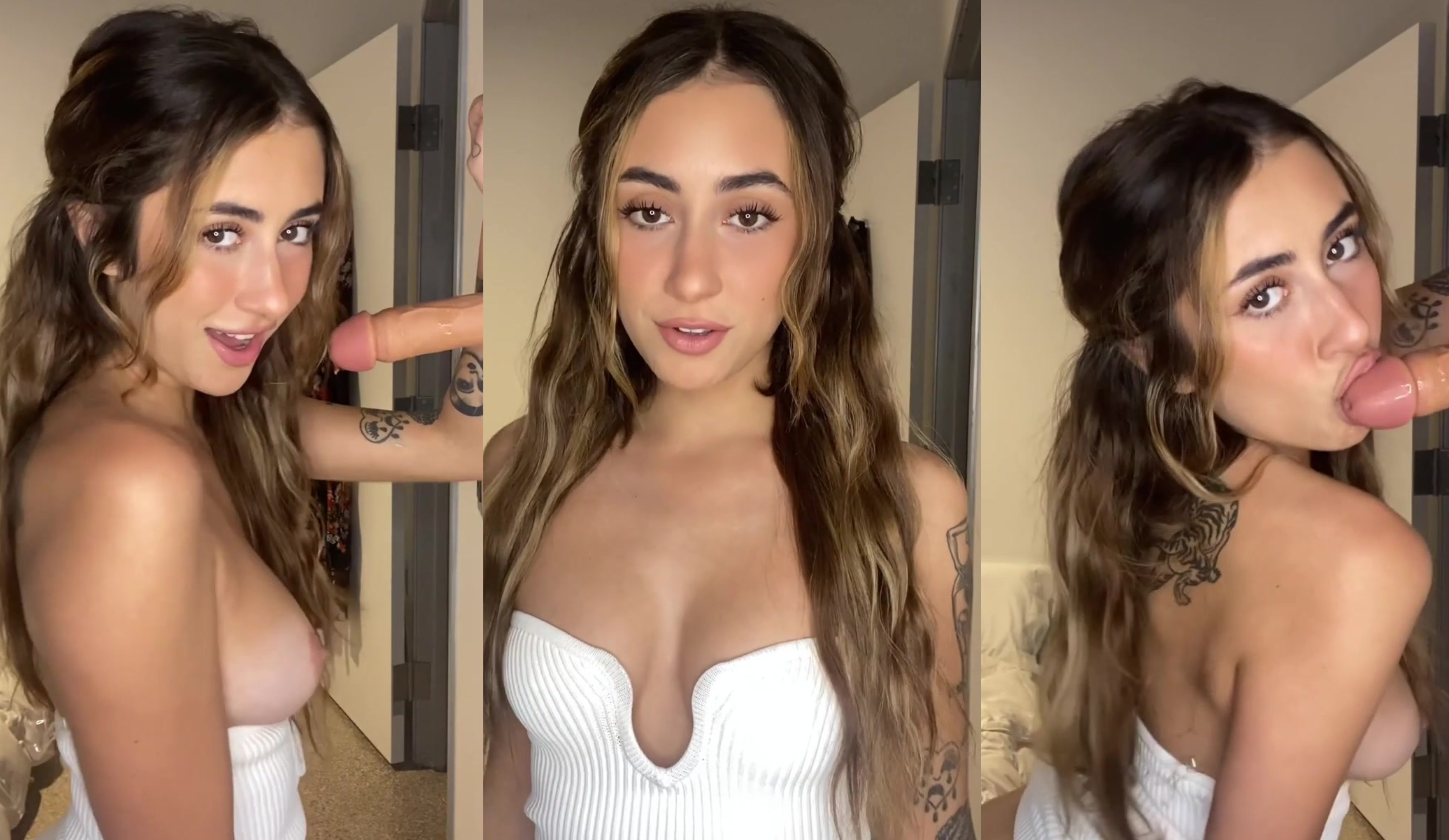 Jenawolfy Sucks A Wall Mounted Dildo With Tits Out